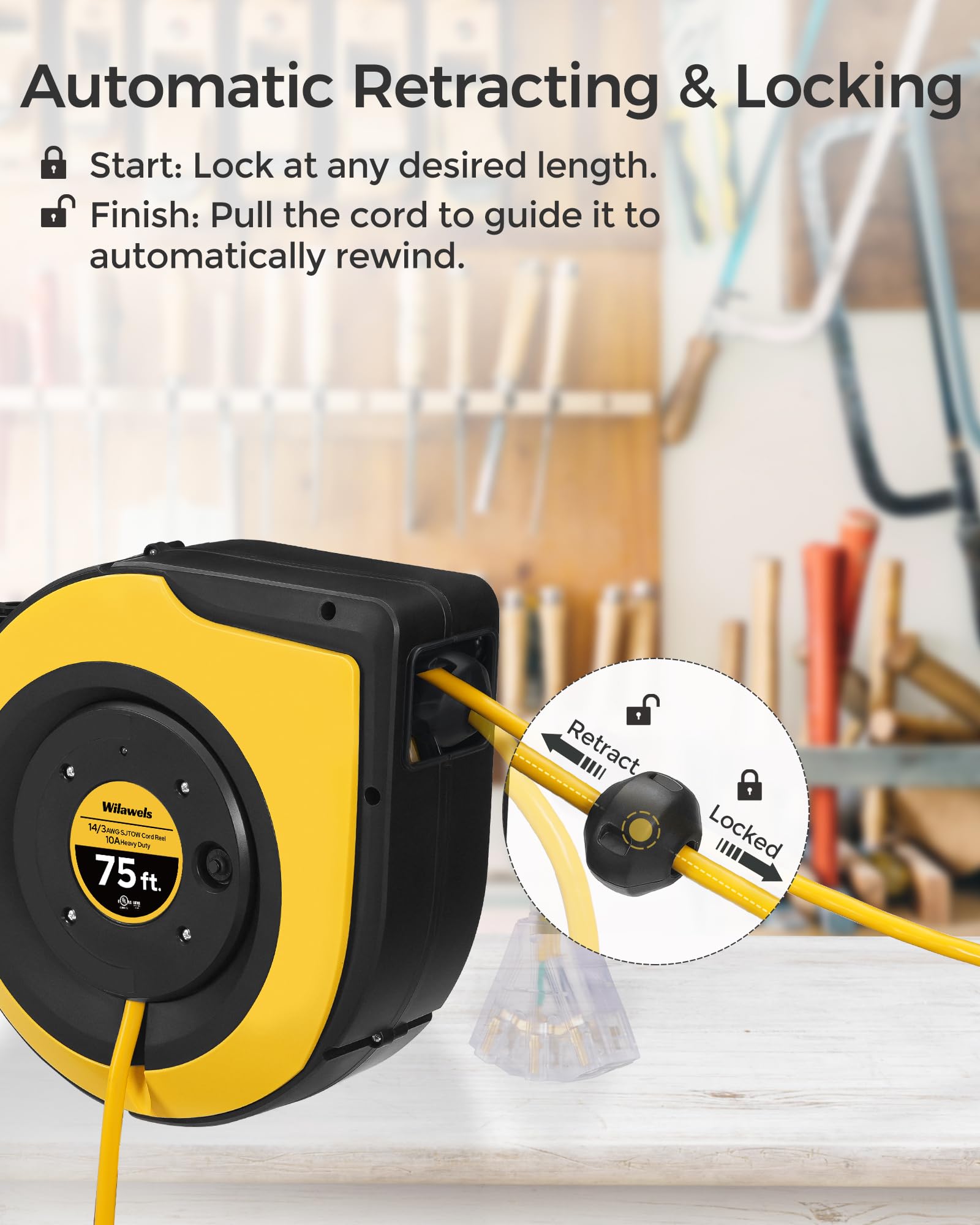 Wilawels Retractable Extension Cord Reel, 75 Ft Heavy Duty Cord Reel, 14Awg/3C Sjtow, 3 Grounded Outlets Lighted Triple Tap, 10A